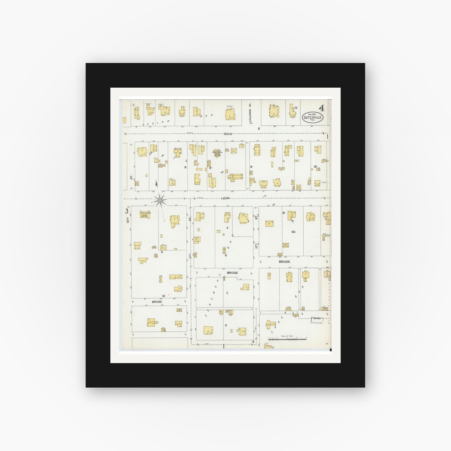 Old map wall art mockup — black gallery frame with white mat — Sanborn Fire Insurance Map from Gatesville, Coryell County, Texas (1902), Sheet #0004