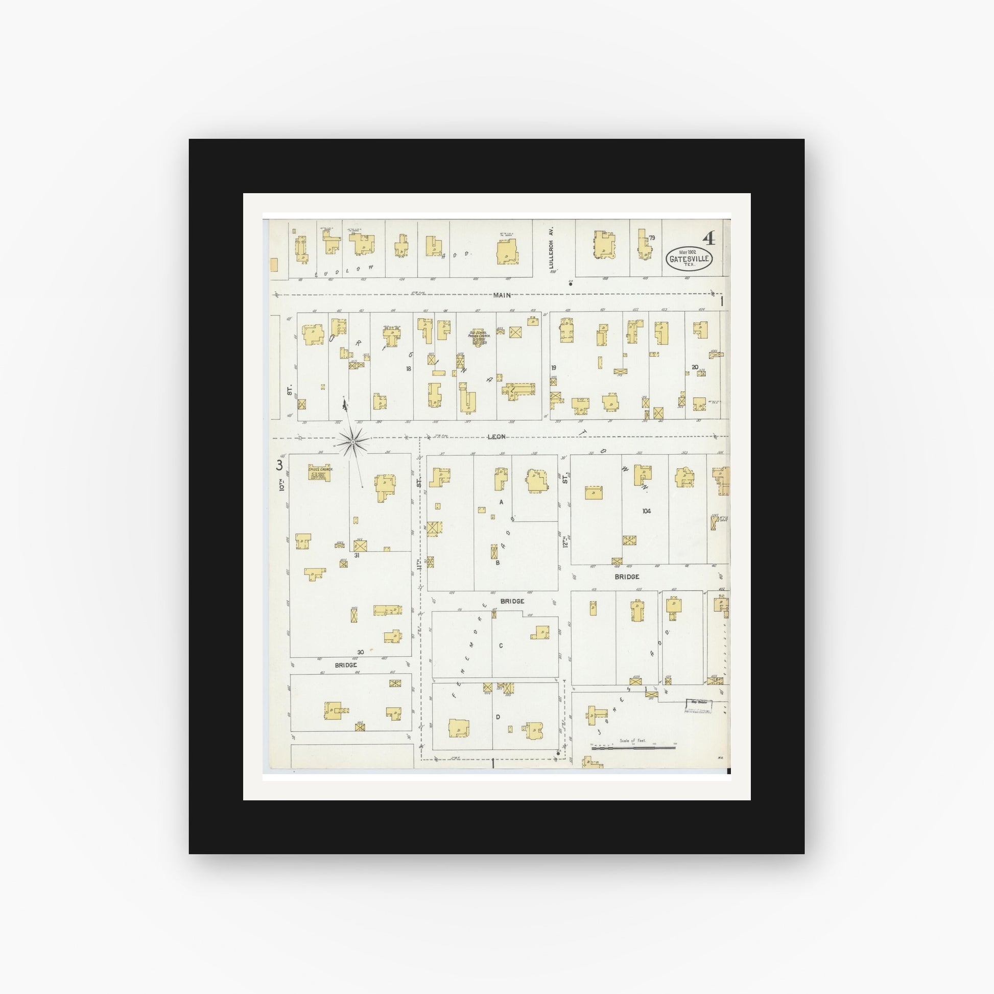 Old map wall art mockup — black gallery frame with white mat — Sanborn Fire Insurance Map from Gatesville, Coryell County, Texas (1902), Sheet #0004