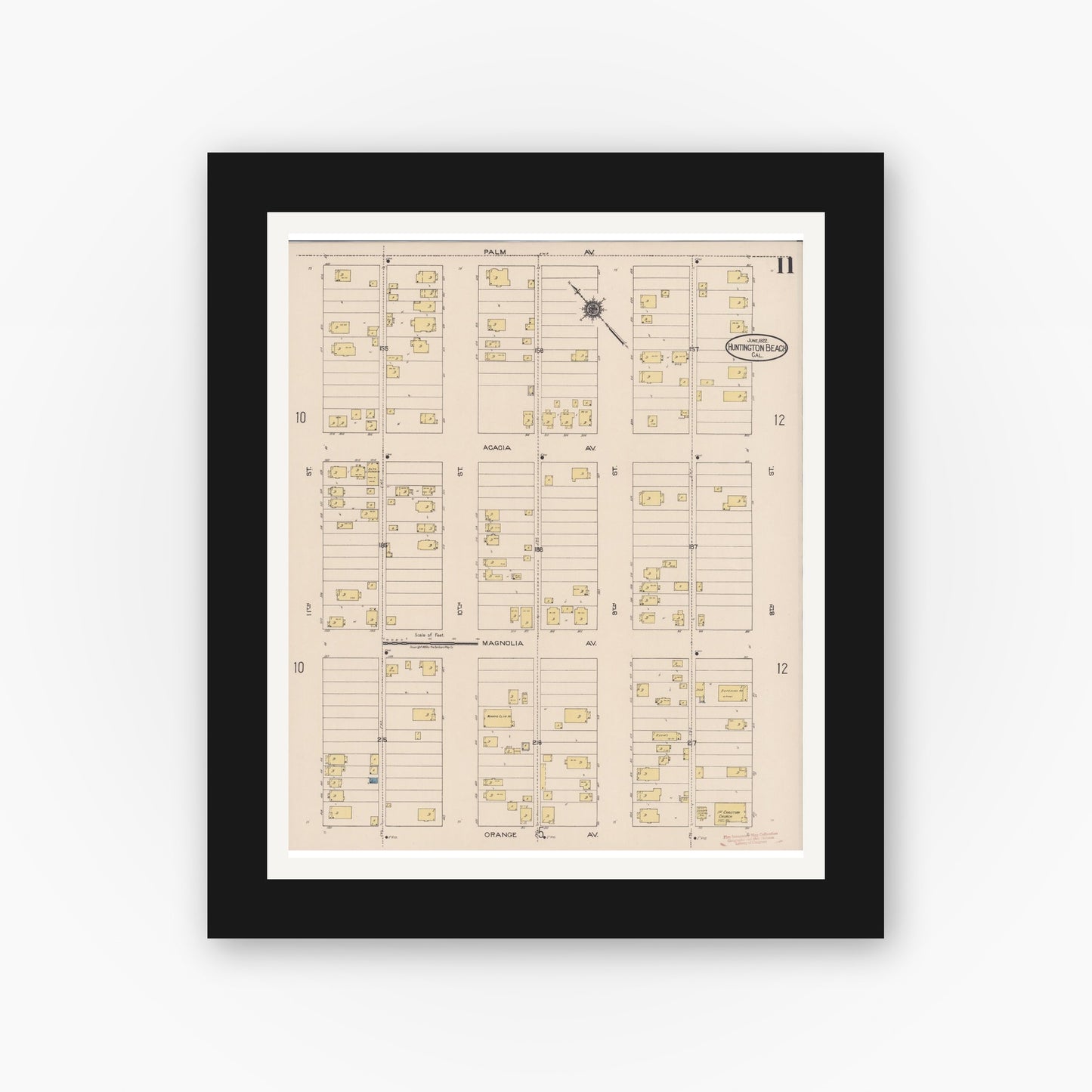 Old map wall art mockup — black gallery frame with white mat — Sanborn Fire Insurance Map from Huntington Beach, Orange County, California (1922), Sheet #0011