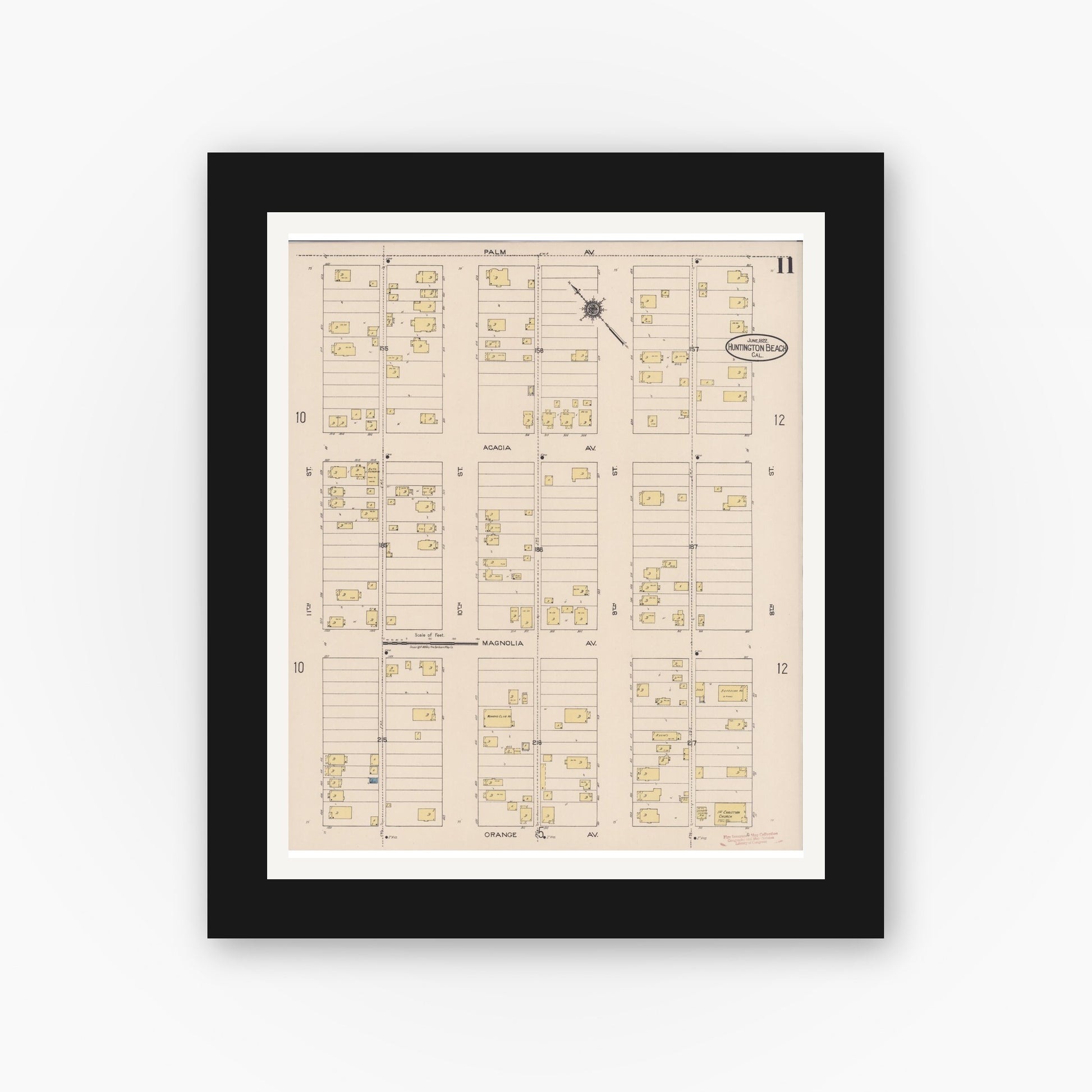 Old map wall art mockup — black gallery frame with white mat — Sanborn Fire Insurance Map from Huntington Beach, Orange County, California (1922), Sheet #0011