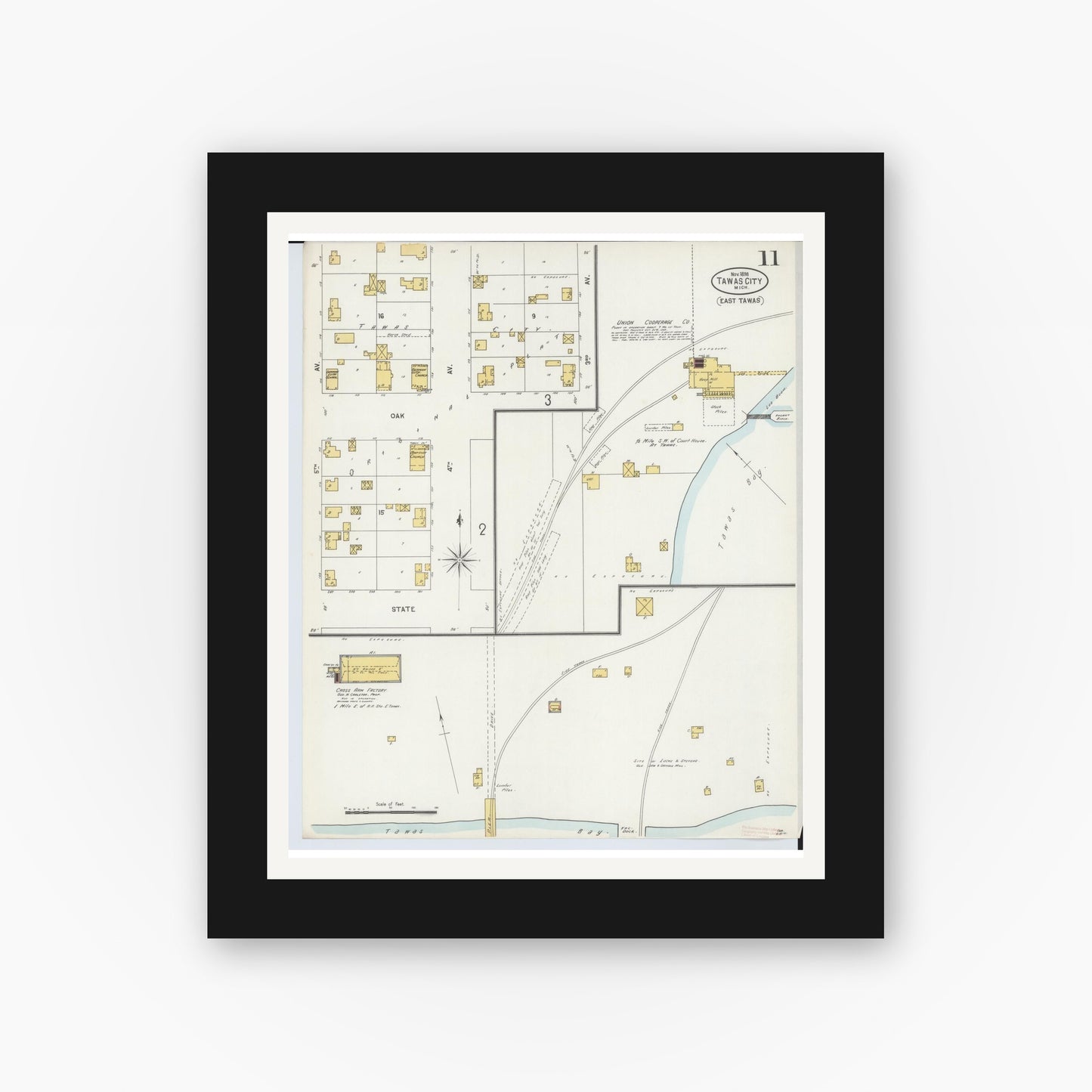 Old map wall art mockup — black gallery frame with white mat — Sanborn Fire Insurance Map from Tawas City, Iosco County, Michigan (1898), Sheet #0011