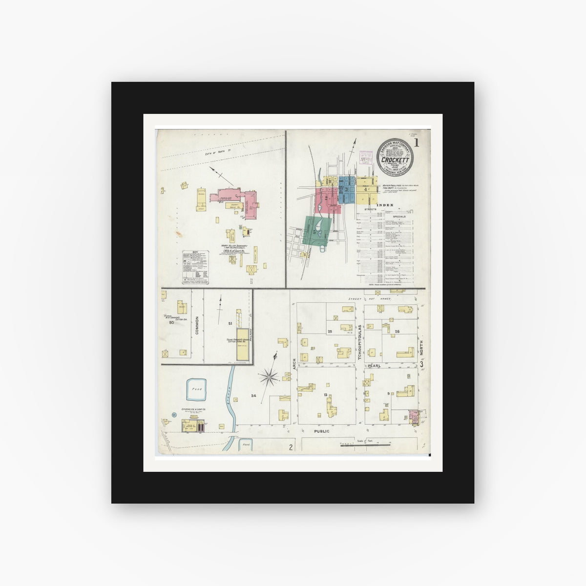 Old map wall art mockup — black gallery frame with white mat — Sanborn Fire Insurance Map from Crockett, Houston County, Texas (1907), Sheet #0001