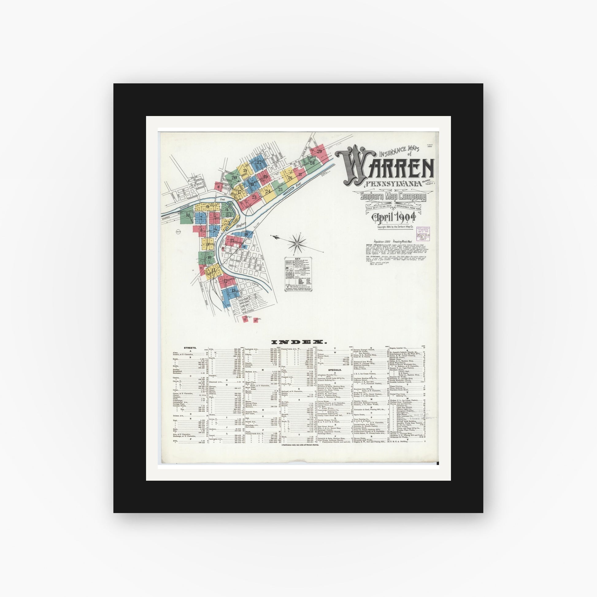 Old map wall art mockup — black gallery frame with white mat — Sanborn Fire Insurance Map from Warren, Warren County, Pennsylvania (1904) - Complete Map Set