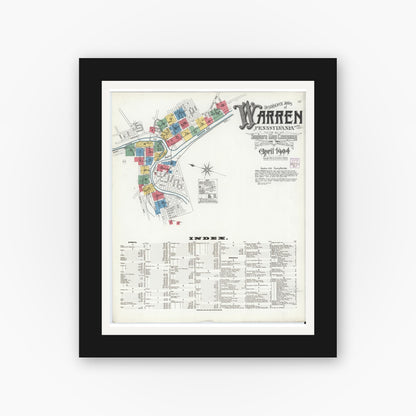 Old map wall art mockup — black gallery frame with white mat — Sanborn Fire Insurance Map from Warren, Warren County, Pennsylvania (1904) - Complete Map Set