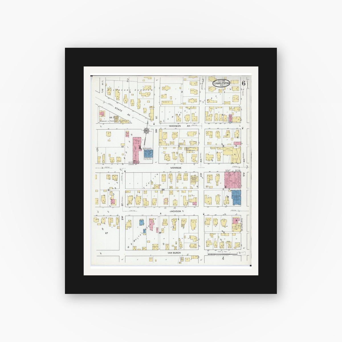 Old map wall art mockup — black gallery frame with white mat — Sanborn Fire Insurance Map from Charleston, Coles County, Illinois (1919), Sheet #0006