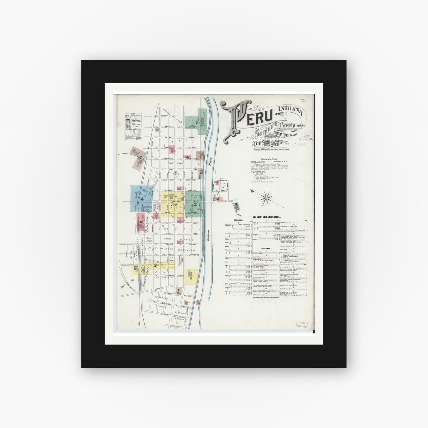 Old map wall art mockup — black gallery frame with white mat — Sanborn Fire Insurance Map from Peru, Miami County, Indiana (1893) - Complete Map Set
