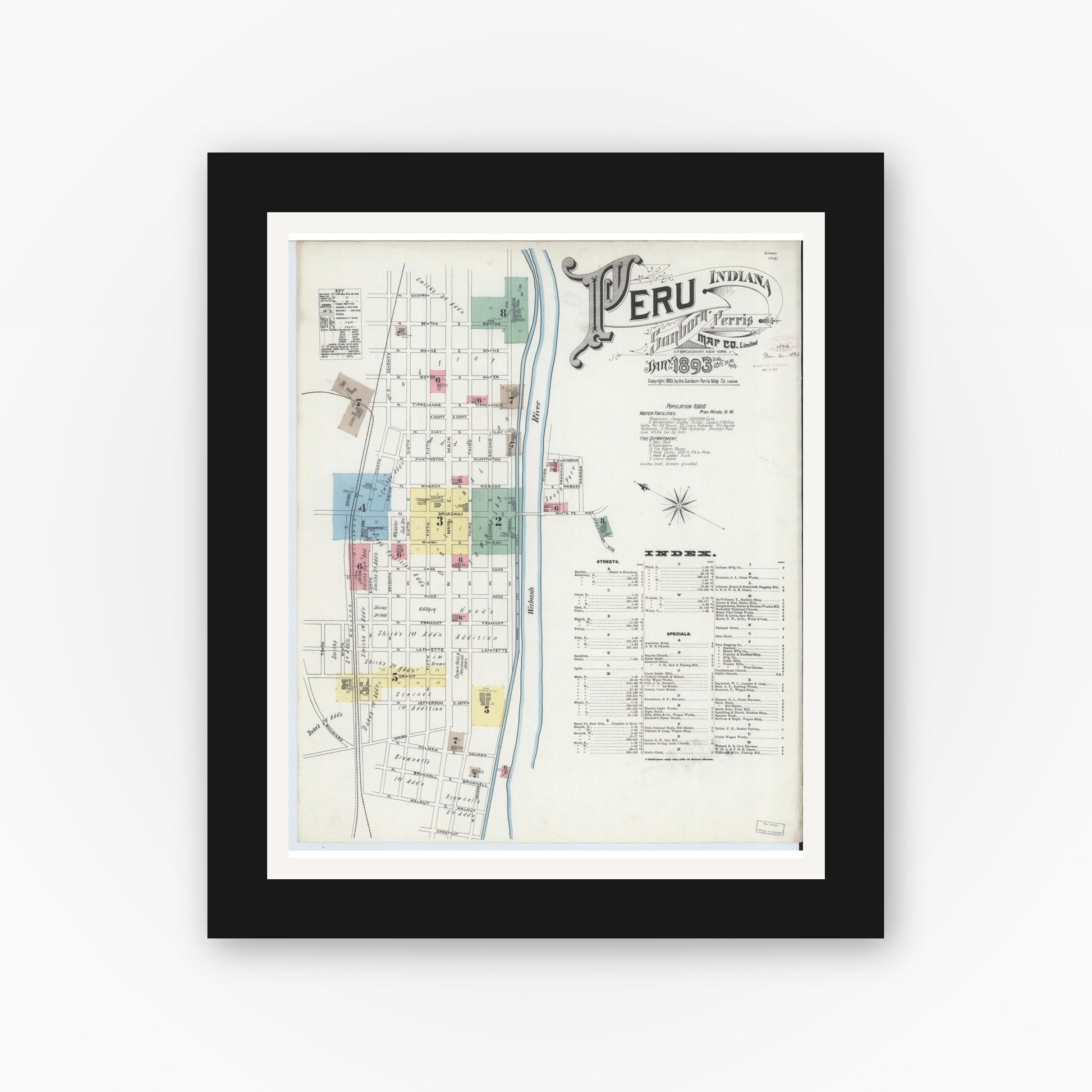 Old map wall art mockup — black gallery frame with white mat — Sanborn Fire Insurance Map from Peru, Miami County, Indiana (1893) - Complete Map Set