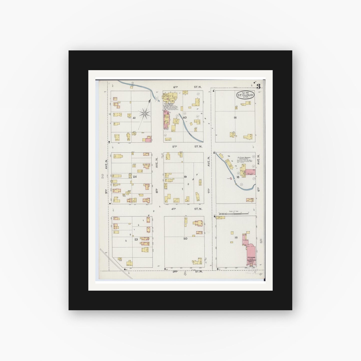 Old map wall art mockup — black gallery frame with white mat — Sanborn Fire Insurance Map from Saint Cloud, Stearns, Benton, and Sherburne Counties, Minnesota (1893), Sheet #0003