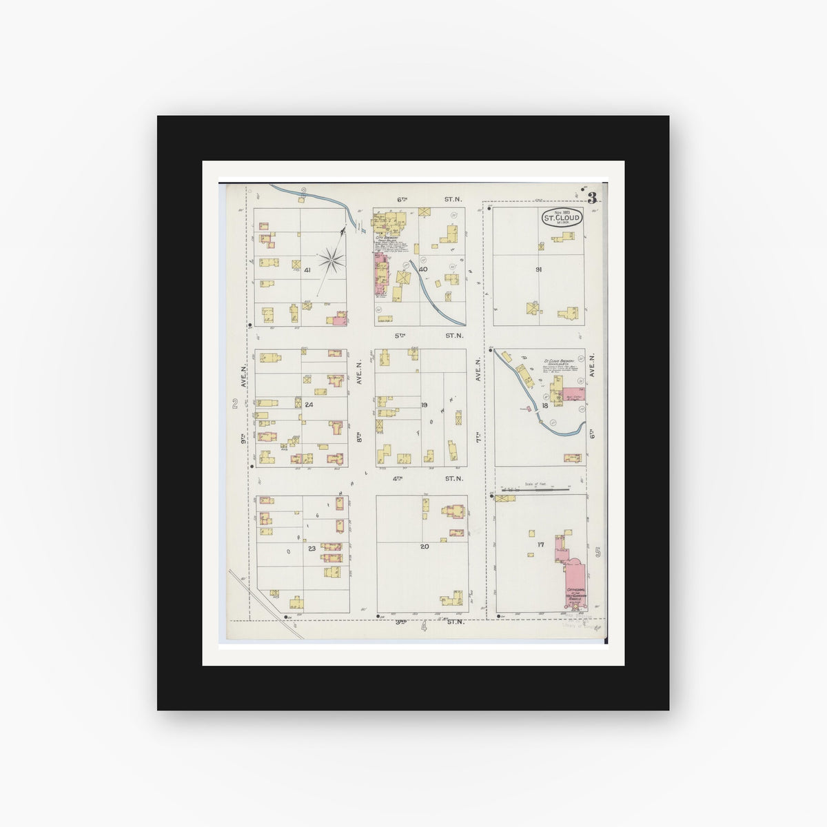 Old map wall art mockup — black gallery frame with white mat — Sanborn Fire Insurance Map from Saint Cloud, Stearns, Benton, and Sherburne Counties, Minnesota (1893), Sheet #0003