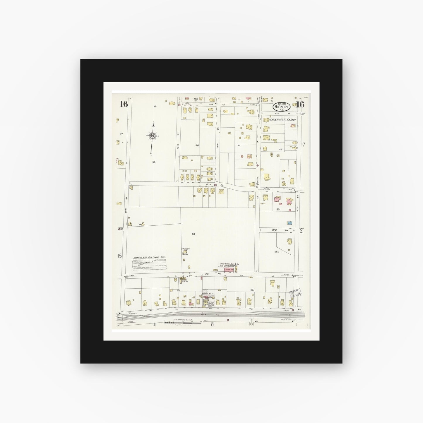Old map wall art mockup — black gallery frame with white mat — Sanborn Fire Insurance Map from Hickory, Catawba County, North Carolina (1925), Sheet #0016