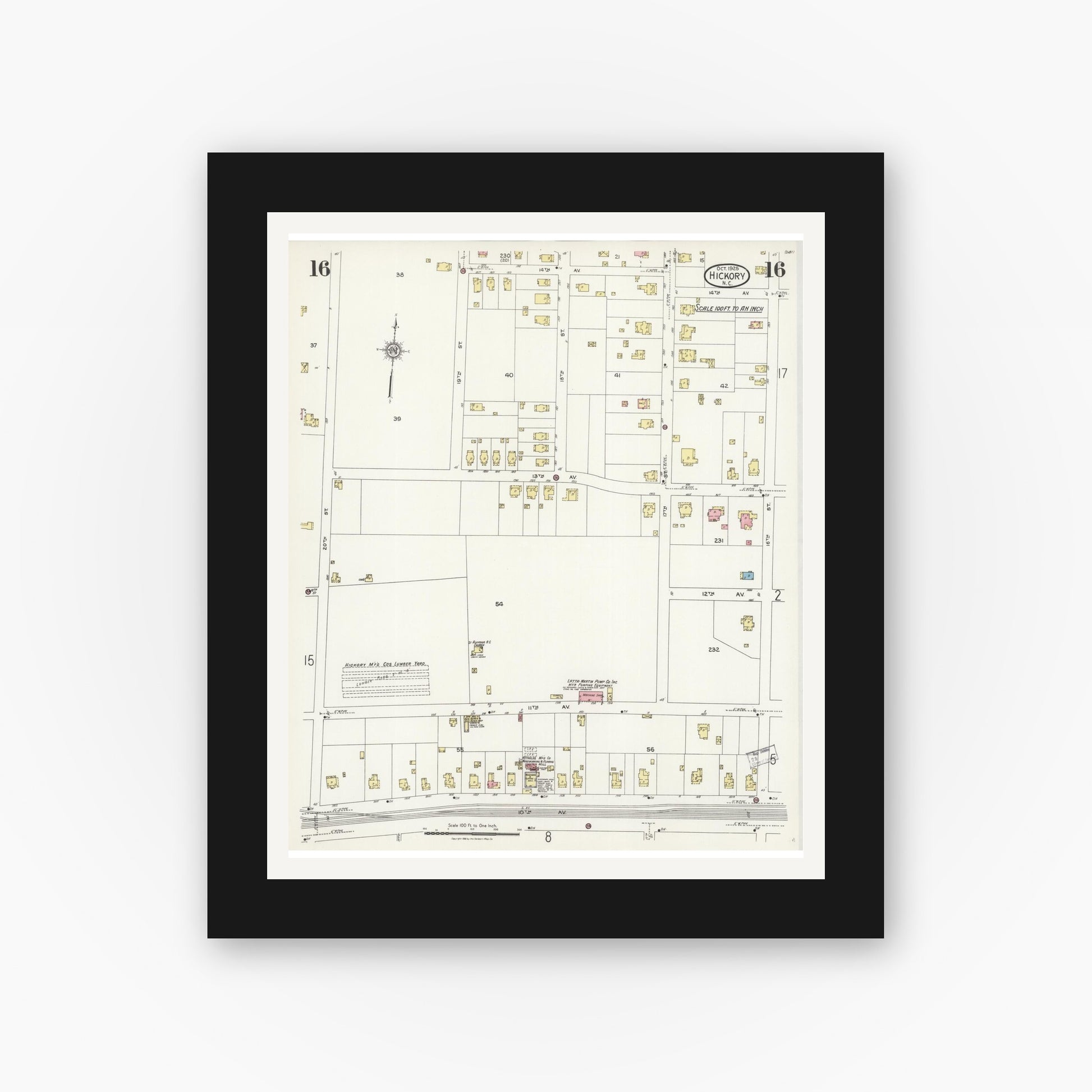 Old map wall art mockup — black gallery frame with white mat — Sanborn Fire Insurance Map from Hickory, Catawba County, North Carolina (1925), Sheet #0016