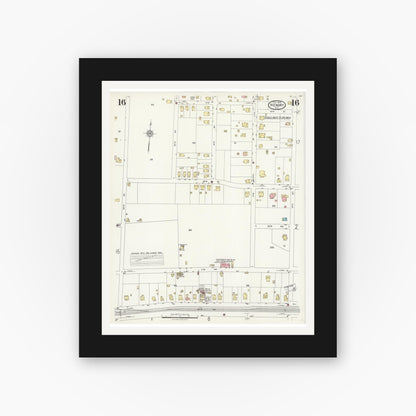Old map wall art mockup — black gallery frame with white mat — Sanborn Fire Insurance Map from Hickory, Catawba County, North Carolina (1925), Sheet #0016