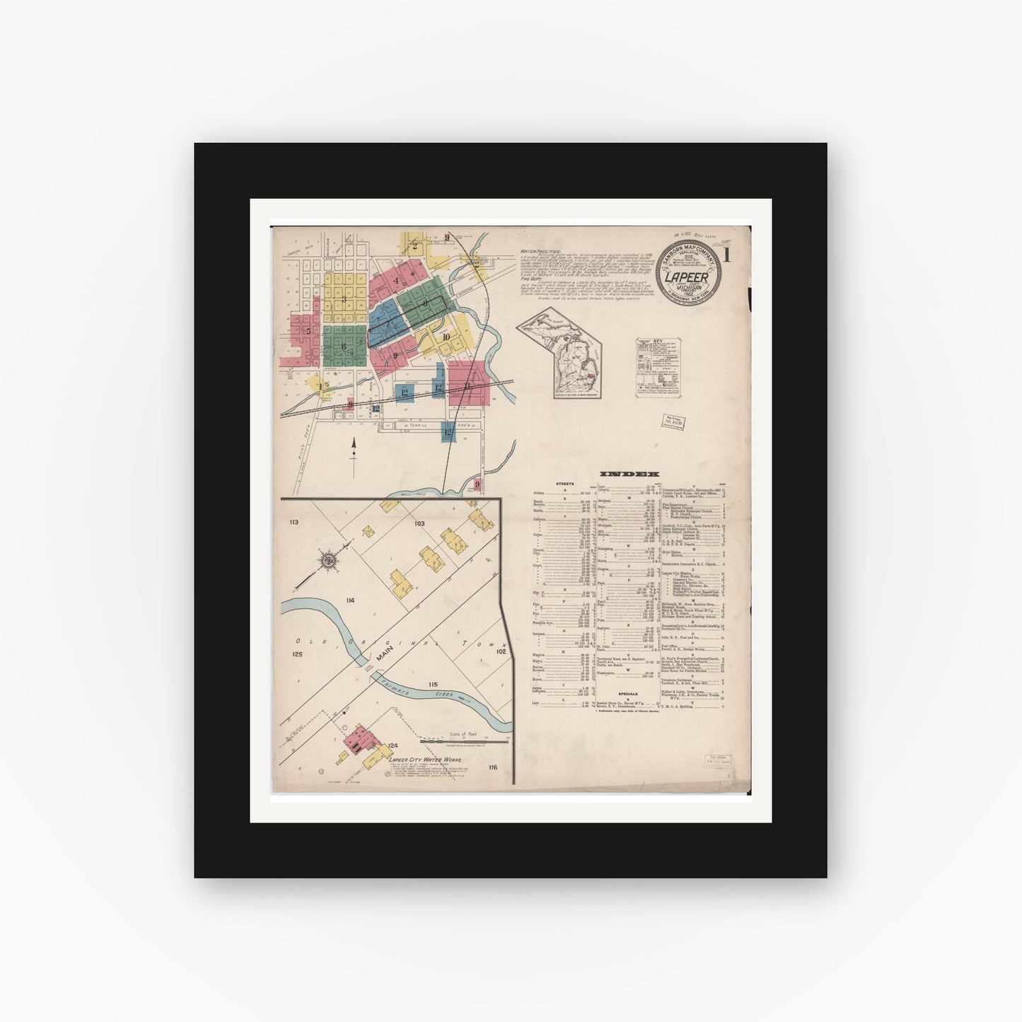 Old map wall art mockup — black gallery frame with white mat — Sanborn Fire Insurance Map from Lapeer, Lapeer County, Michigan (1922) - Complete Map Set