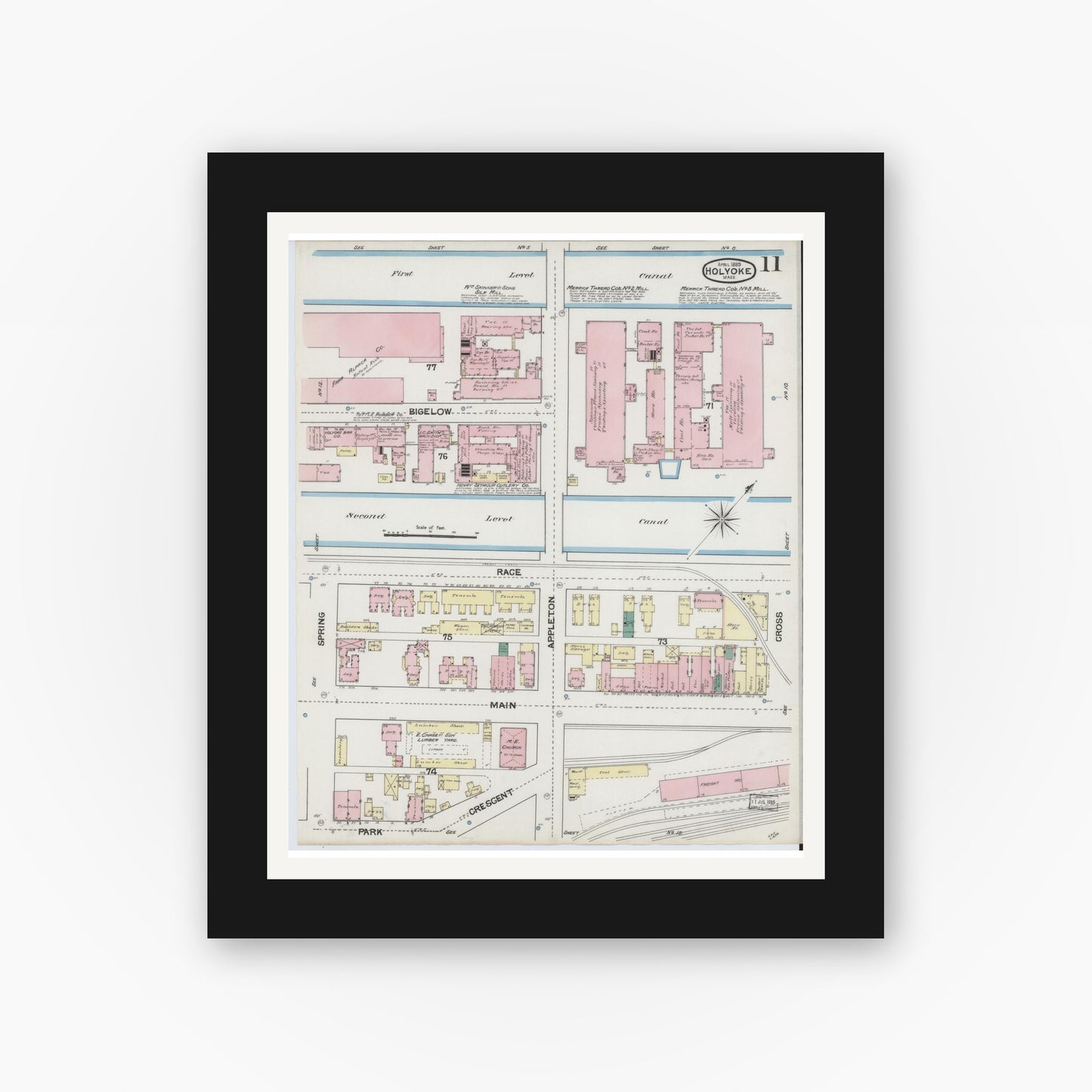 Old map wall art mockup — black gallery frame with white mat — Sanborn Fire Insurance Map from Holyoke, Hampden County, Massachusetts (1889), Sheet #0011
