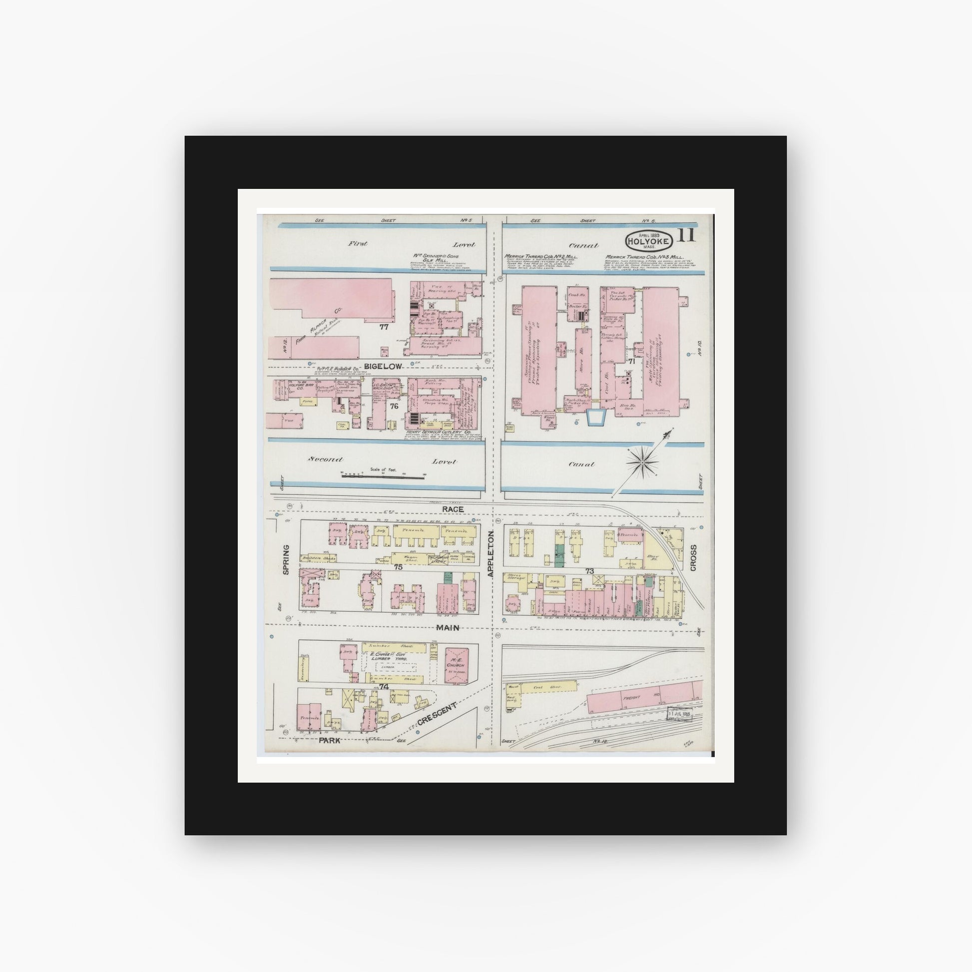 Old map wall art mockup — black gallery frame with white mat — Sanborn Fire Insurance Map from Holyoke, Hampden County, Massachusetts (1889), Sheet #0011