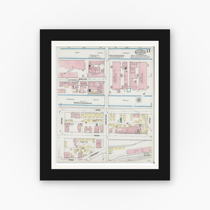 Old map wall art mockup — black gallery frame with white mat — Sanborn Fire Insurance Map from Holyoke, Hampden County, Massachusetts (1889), Sheet #0011