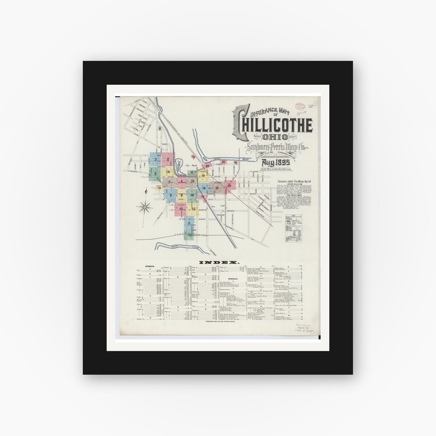 Old map wall art mockup — black gallery frame with white mat — Sanborn Fire Insurance Map from Chillicothe, Ross County, Ohio (1895) - Complete Map Set