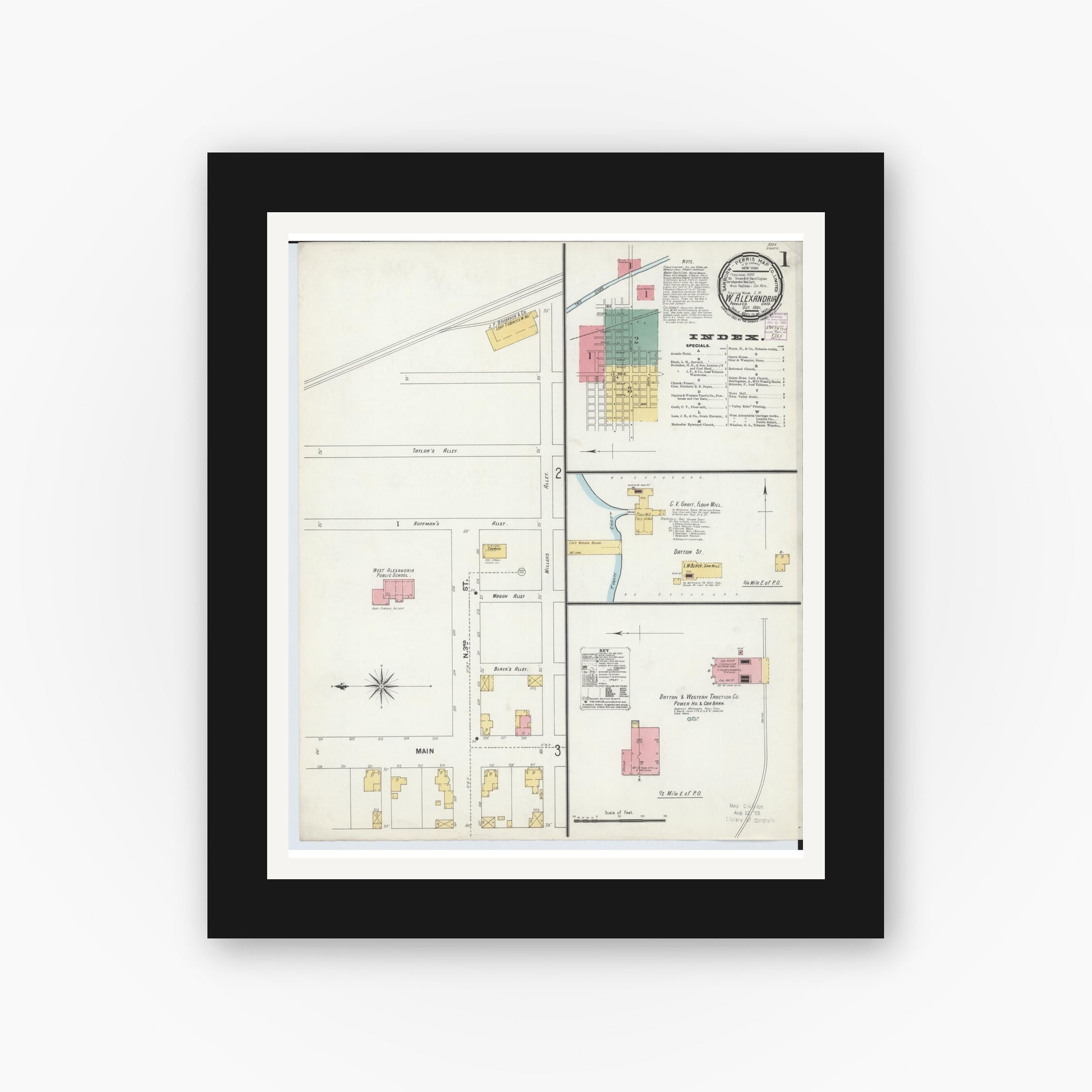 Old map wall art mockup — black gallery frame with white mat — Sanborn Fire Insurance Map from West Alexandria, Preble County, Ohio (1901) - Complete Map Set