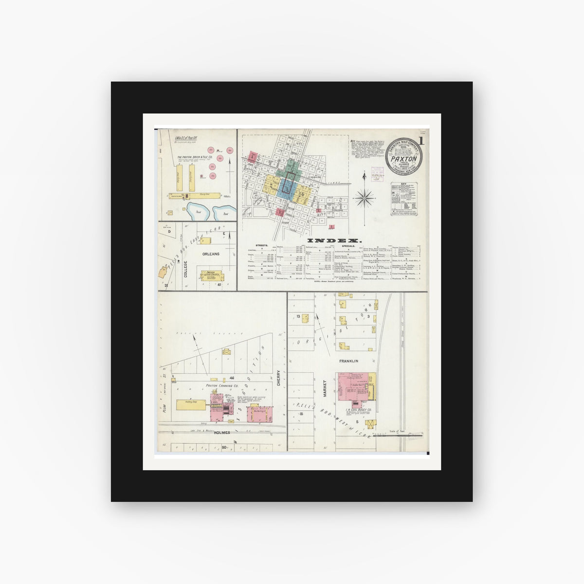 Old map wall art mockup — black gallery frame with white mat — Sanborn Fire Insurance Map from Paxton, Ford County, Illinois (1902) - Complete Map Set