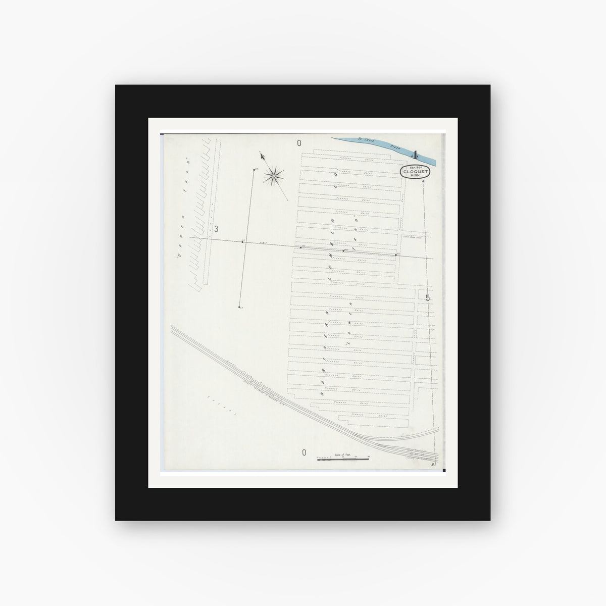 Old map wall art mockup — black gallery frame with white mat — Sanborn Fire Insurance Map from Cloquet, Carlton County, Minnesota (1897), Sheet #0004