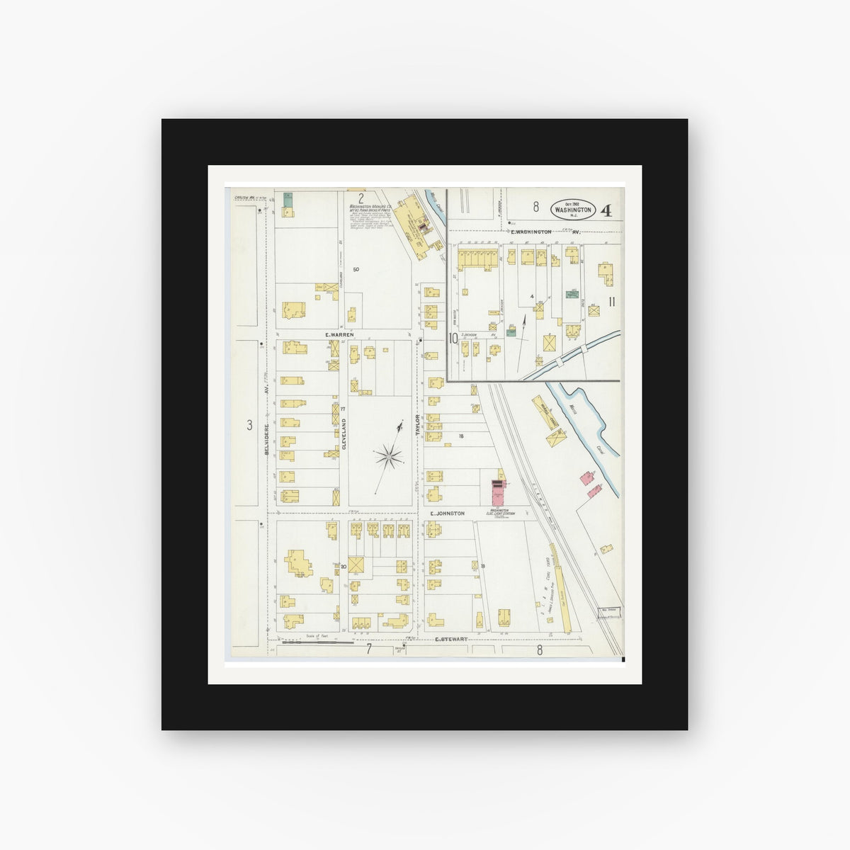 Old map wall art mockup — black gallery frame with white mat — Sanborn Fire Insurance Map from Washington, Warren County, New Jersey (1902), Sheet #0004