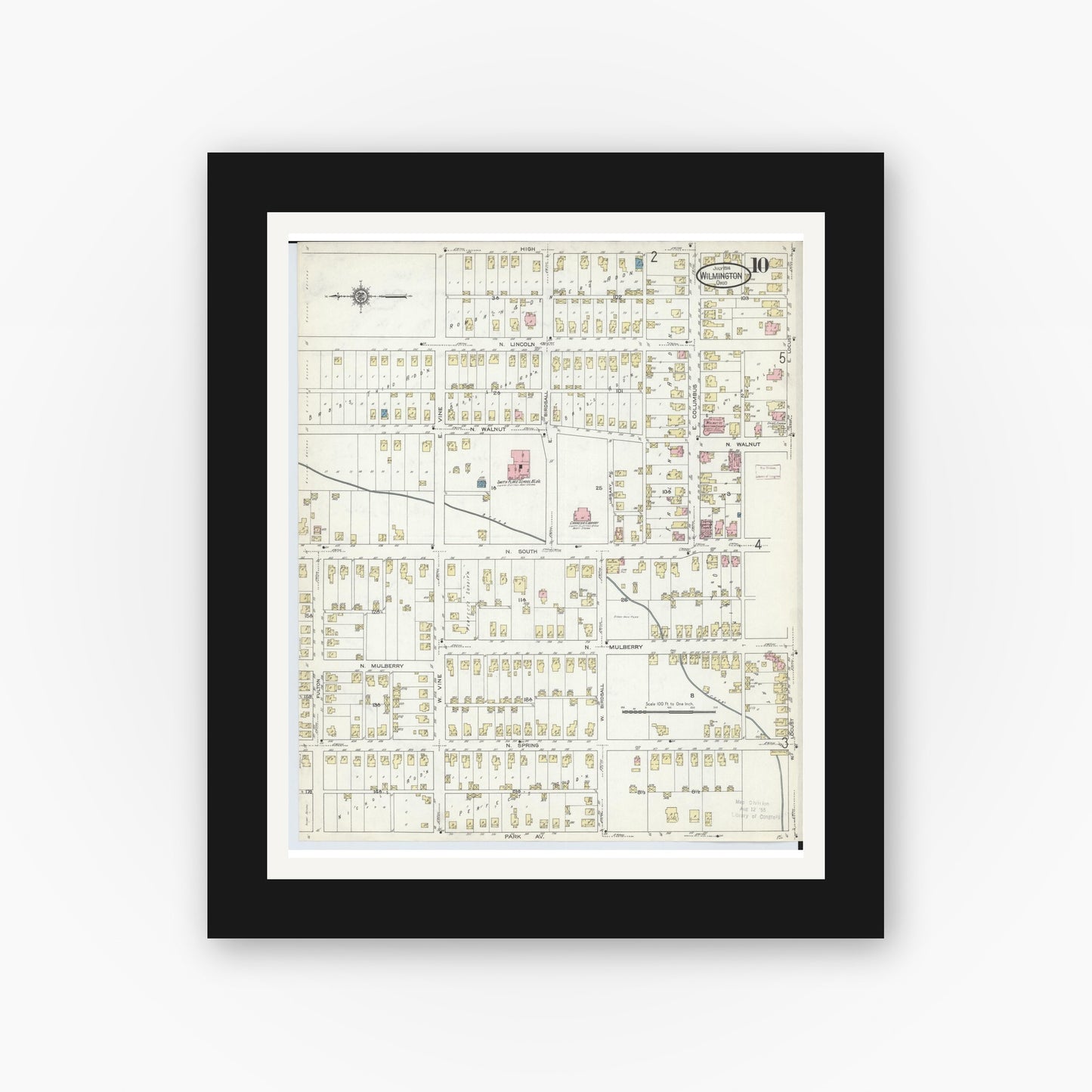 Old map wall art mockup — black gallery frame with white mat — Sanborn Fire Insurance Map from Wilmington, Clinton County, Ohio (1914), Sheet #0010