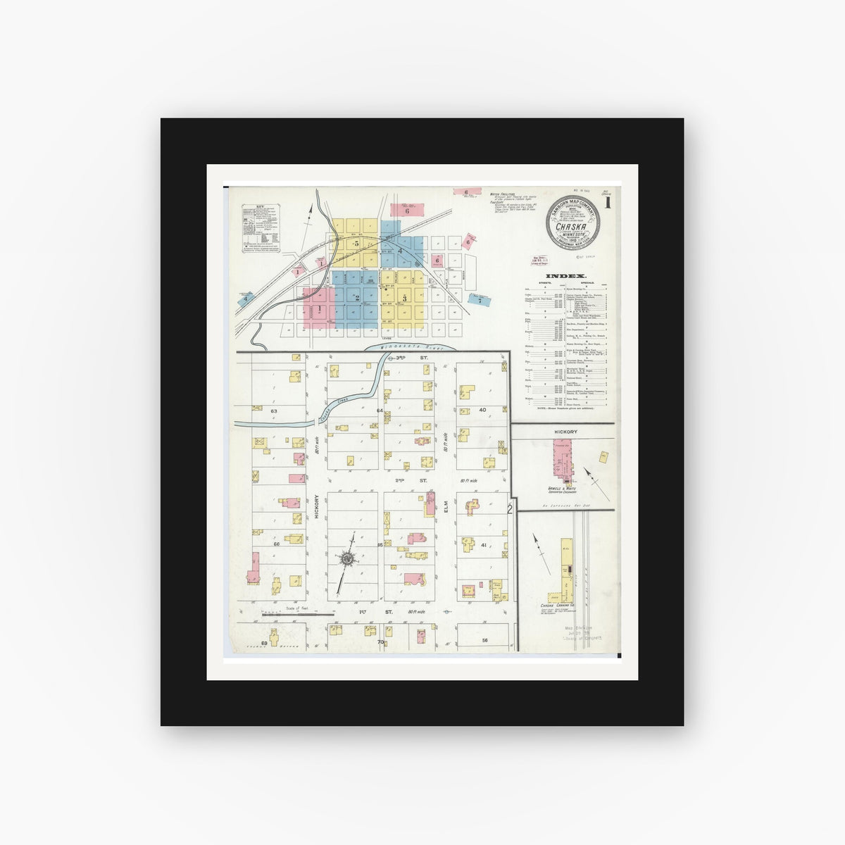 Old map wall art mockup — black gallery frame with white mat — Sanborn Fire Insurance Map from Chaska, Carver County, Minnesota (1910) - Complete Map Set