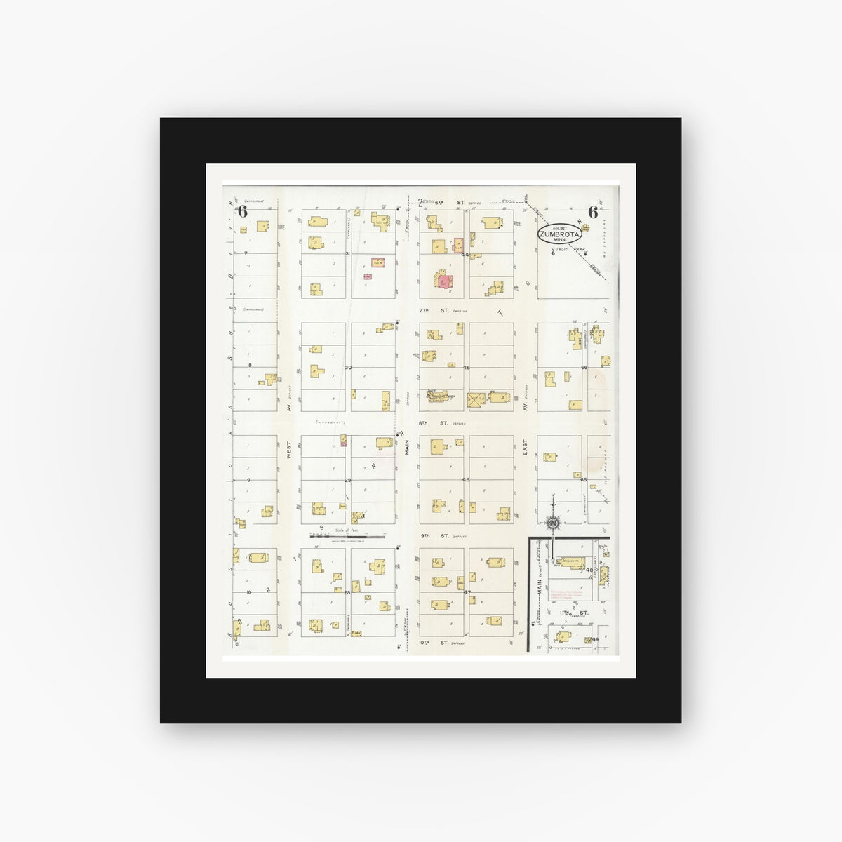 Old map wall art mockup — black gallery frame with white mat — Sanborn Fire Insurance Map from Zumbrota, Goodhue County, Minnesota (1927), Sheet #0006