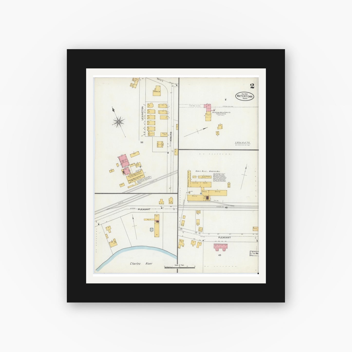 Old map wall art mockup — black gallery frame with white mat — Sanborn Fire Insurance Map from Watertown, Middlesex County, Massachusetts (1904), Sheet #0002
