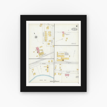 Old map wall art mockup — black gallery frame with white mat — Sanborn Fire Insurance Map from Watertown, Middlesex County, Massachusetts (1904), Sheet #0002