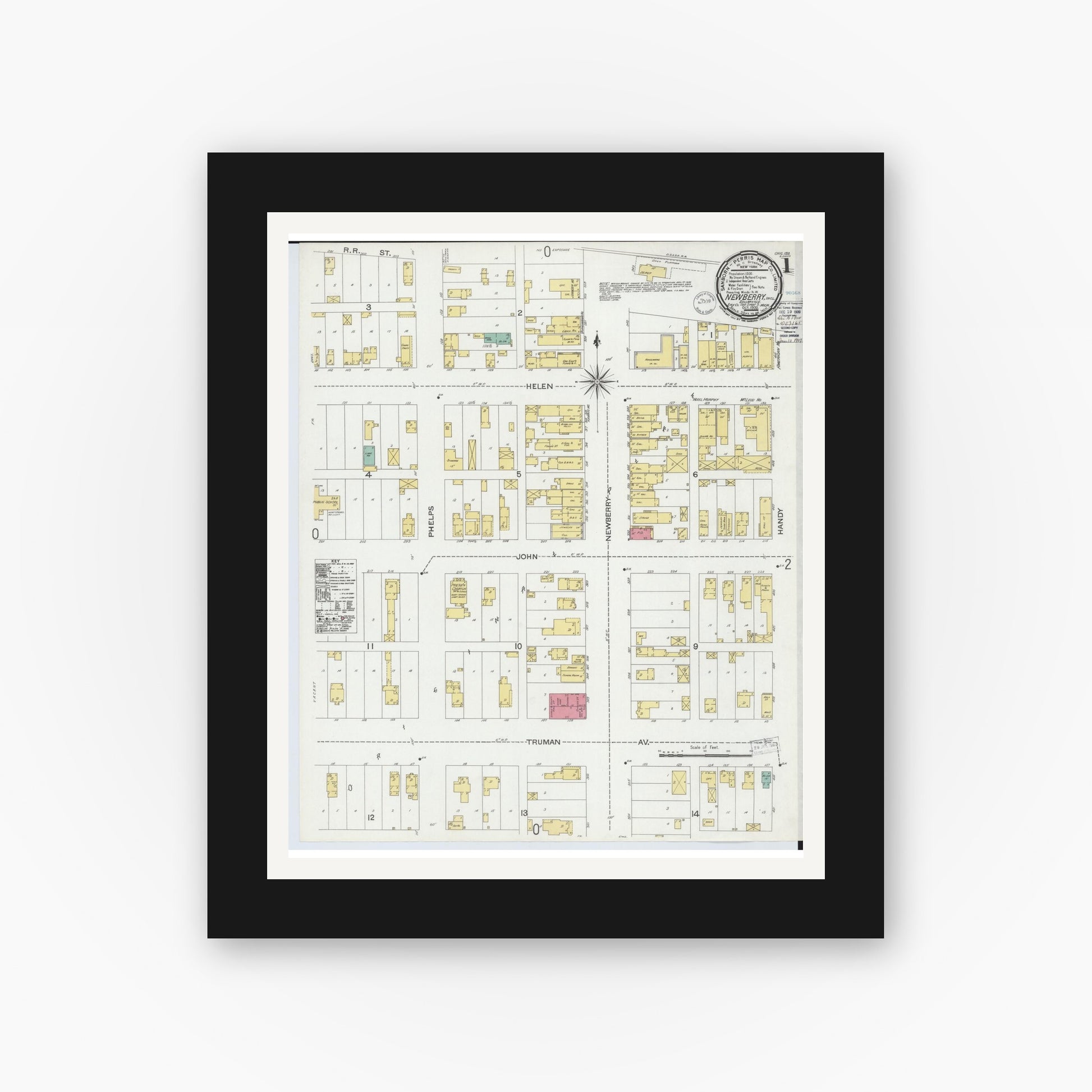 Old map wall art mockup — black gallery frame with white mat — Sanborn Fire Insurance Map from Newberry, Luce County, Michigan (1900) - Complete Map Set