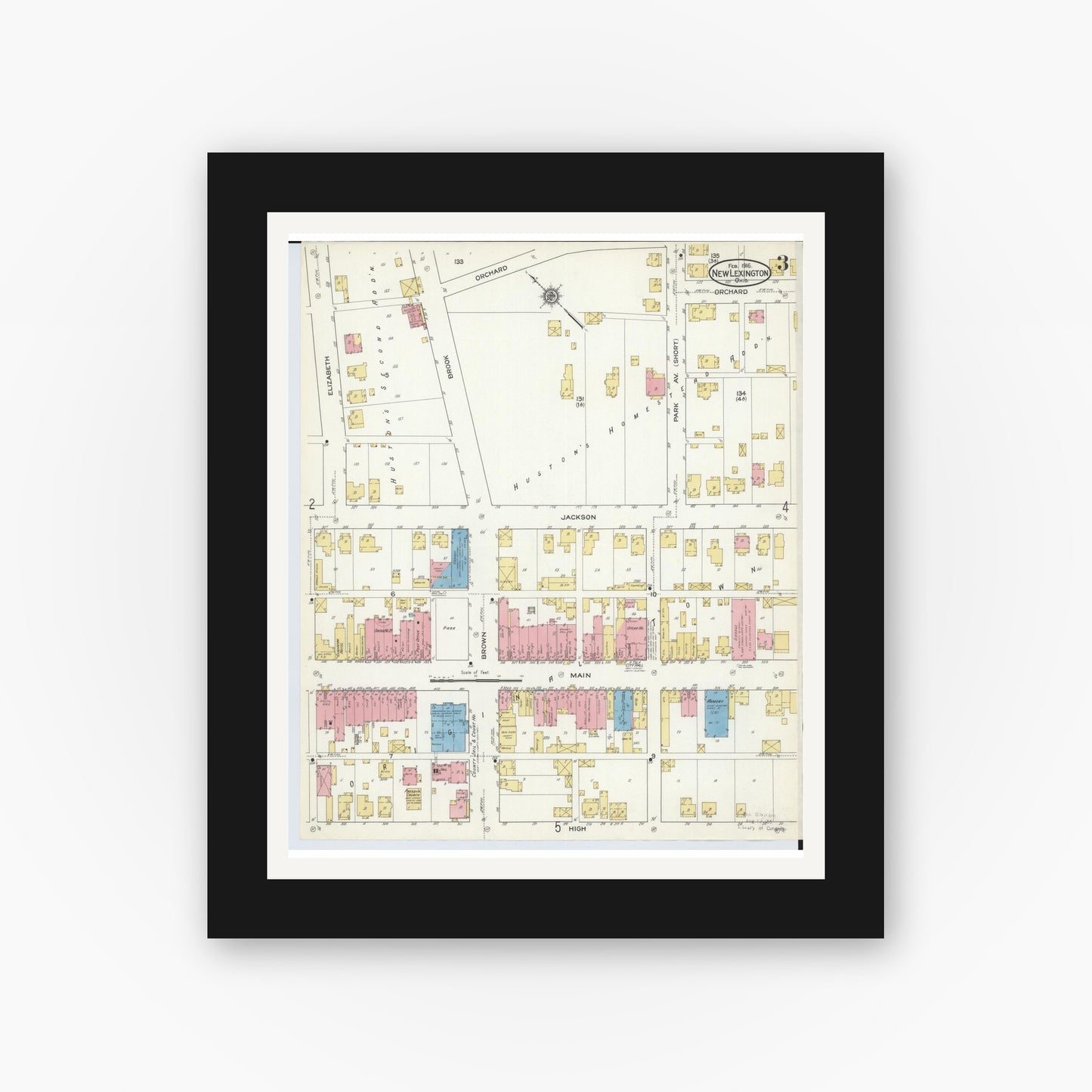 Old map wall art mockup — black gallery frame with white mat — Sanborn Fire Insurance Map from New Lexington, Perry County, Ohio (1916), Sheet #0003