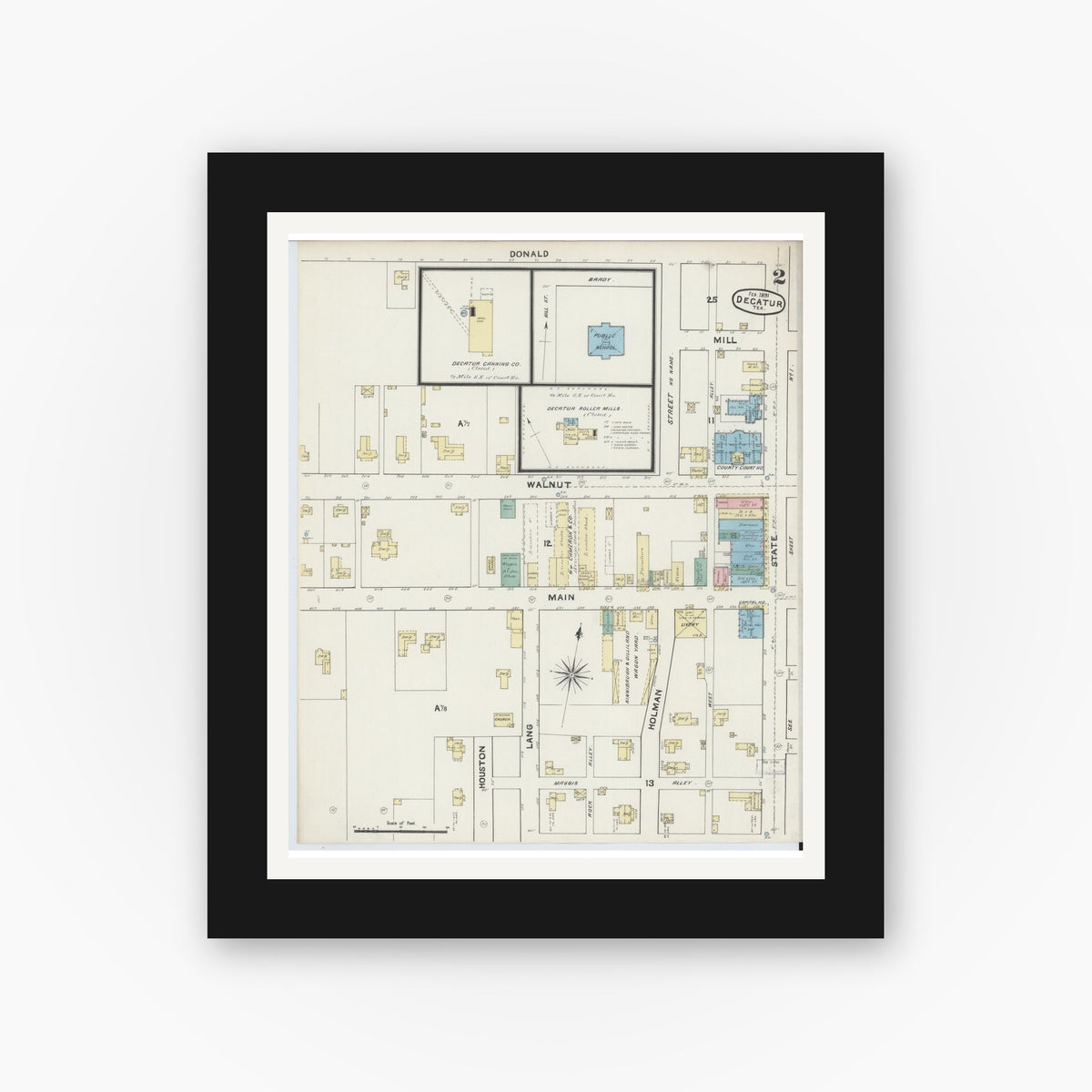 Old map wall art mockup — black gallery frame with white mat — Sanborn Fire Insurance Map from Decatur, Wise County, Texas (1891), Sheet #0002