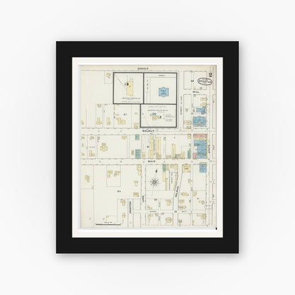 Old map wall art mockup — black gallery frame with white mat — Sanborn Fire Insurance Map from Decatur, Wise County, Texas (1891), Sheet #0002