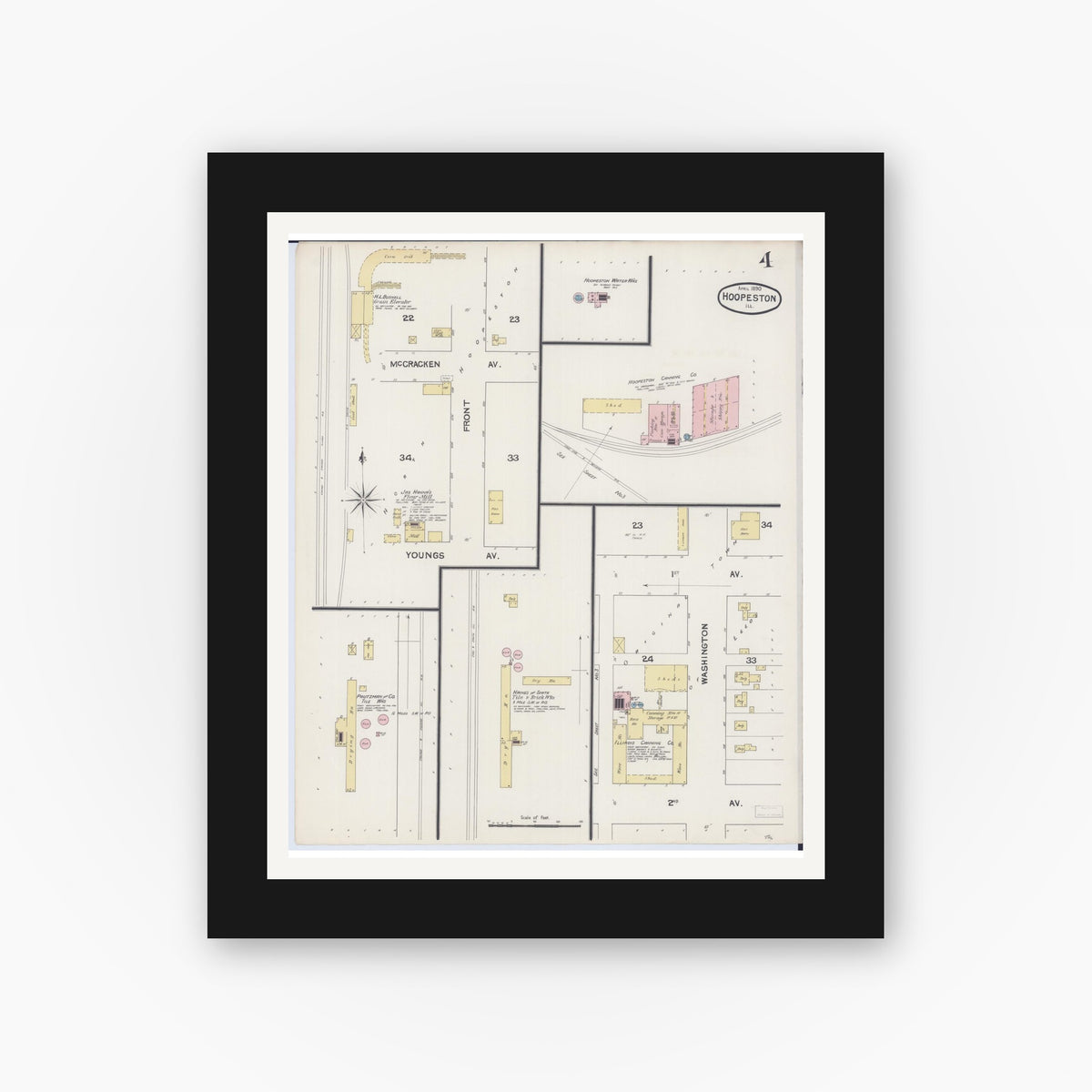 Old map wall art mockup — black gallery frame with white mat — Sanborn Fire Insurance Map from Hoopeston, Vermilion County, Illinois (1890), Sheet #0004