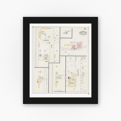 Old map wall art mockup — black gallery frame with white mat — Sanborn Fire Insurance Map from Hoopeston, Vermilion County, Illinois (1890), Sheet #0004