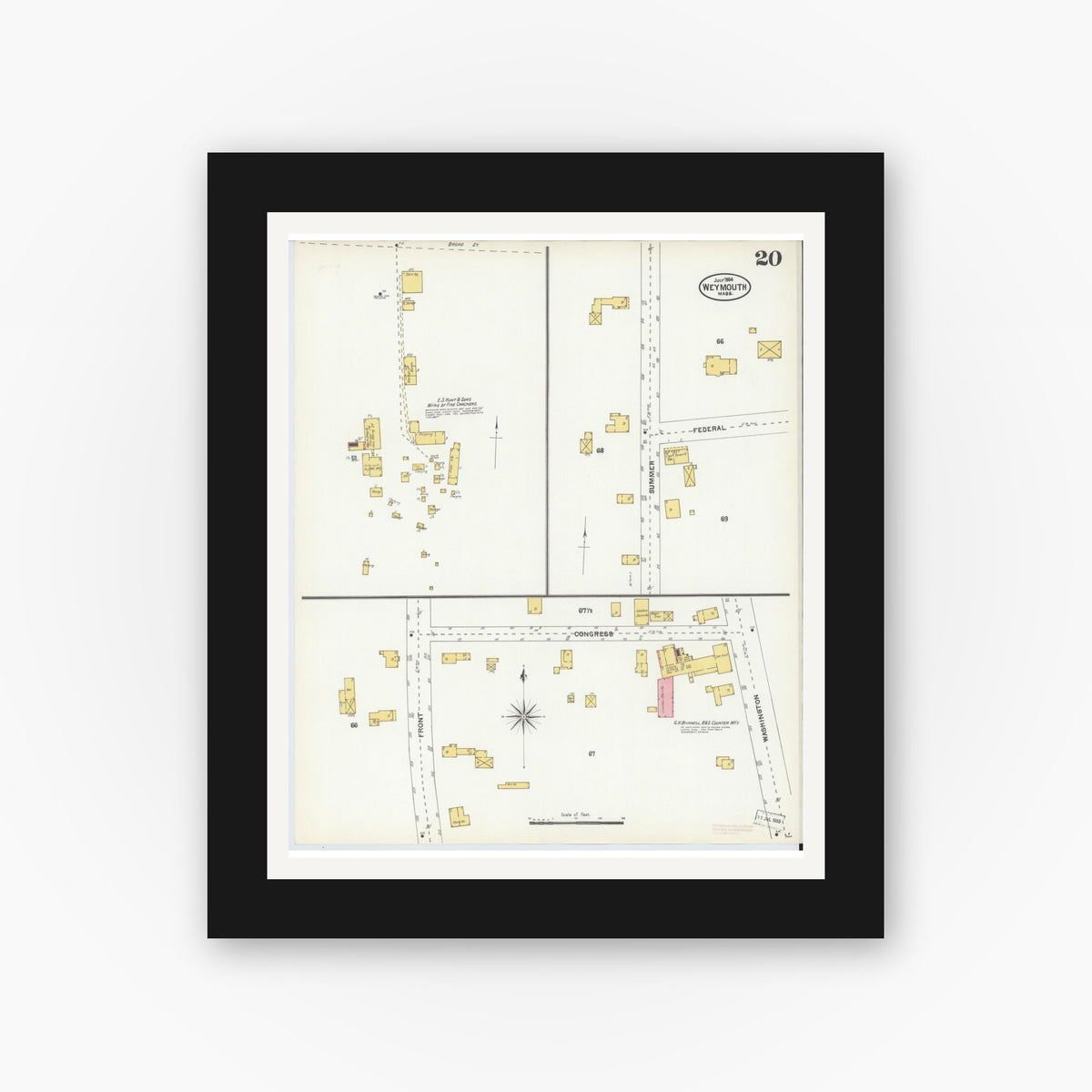 Old map wall art mockup — black gallery frame with white mat — Sanborn Fire Insurance Map from Weymouth, Norfolk County, Massachusetts (1904), Sheet #0020