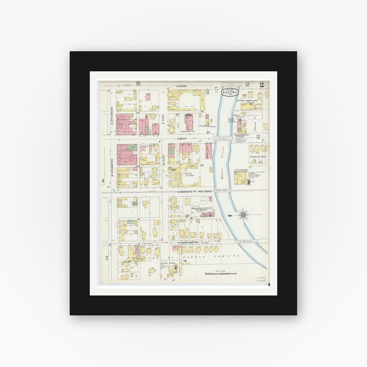 Old map wall art mockup — black gallery frame with white mat — Sanborn Fire Insurance Map from Kokomo, Howard County, Indiana (1896), Sheet #0002