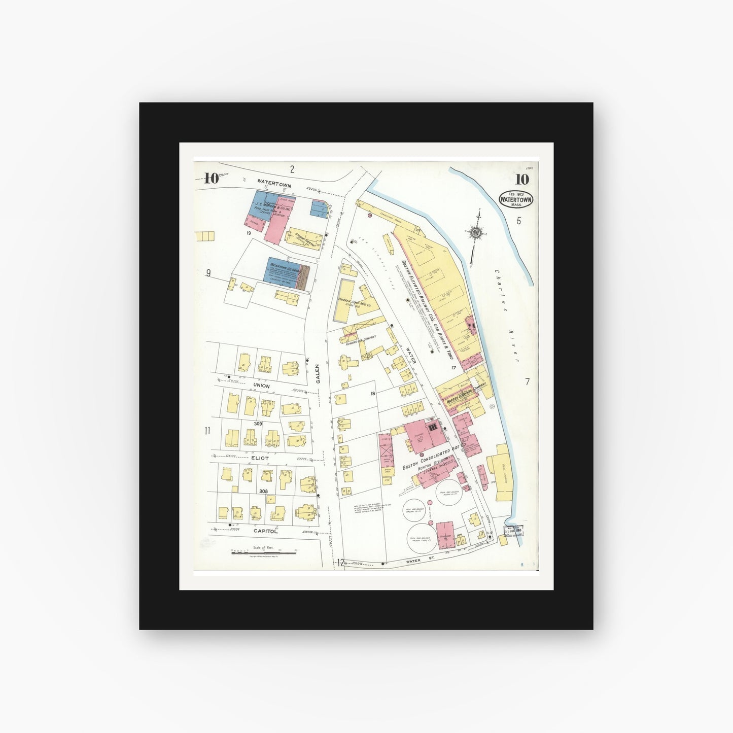 Old map wall art mockup — black gallery frame with white mat — Sanborn Fire Insurance Map from Watertown, Middlesex County, Massachusetts (1923), Sheet #0010