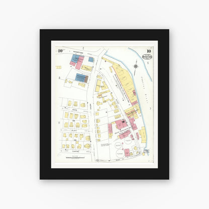 Old map wall art mockup — black gallery frame with white mat — Sanborn Fire Insurance Map from Watertown, Middlesex County, Massachusetts (1923), Sheet #0010