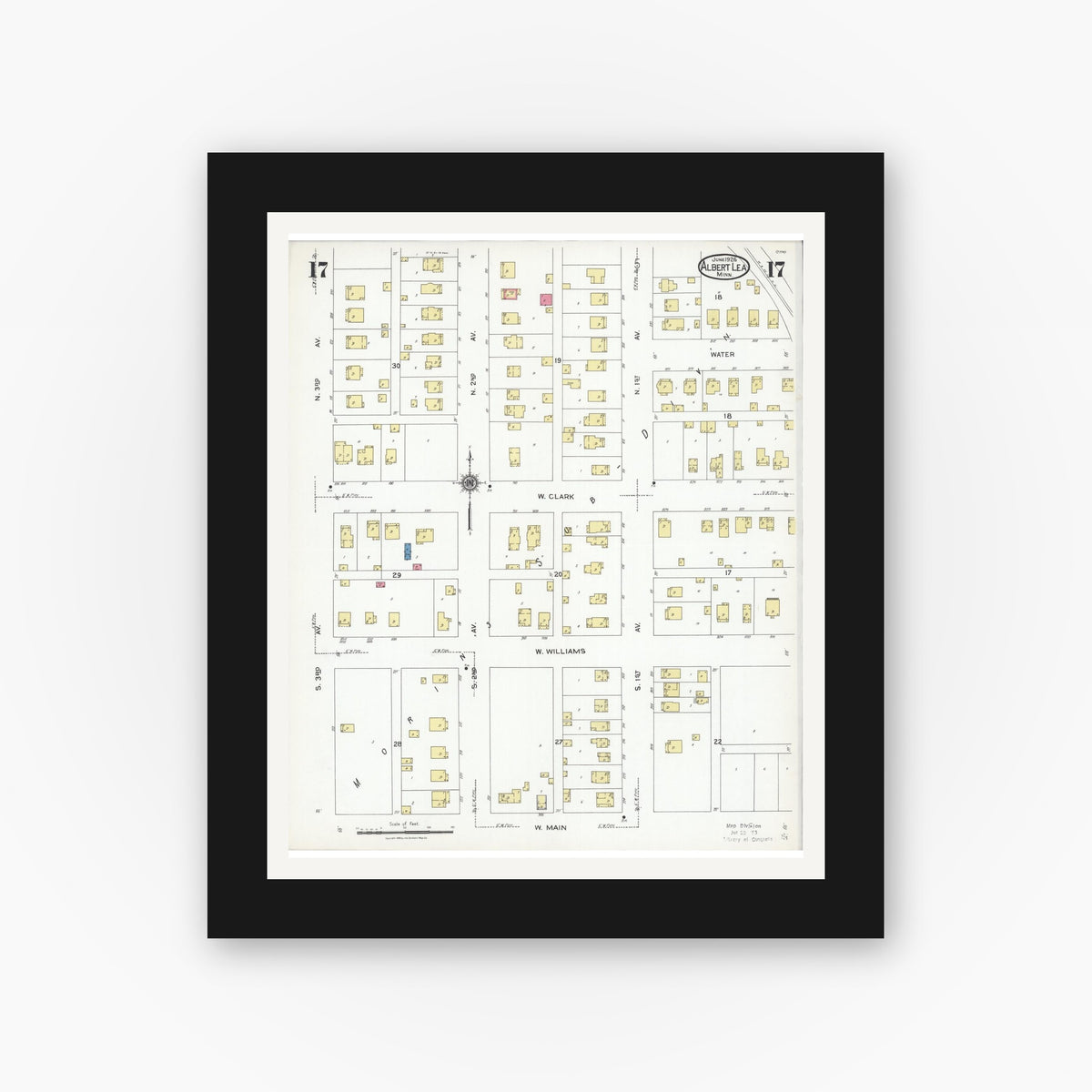 Old map wall art mockup — black gallery frame with white mat — Sanborn Fire Insurance Map from Albert Lea, Freeborn County, Minnesota (1926), Sheet #0017