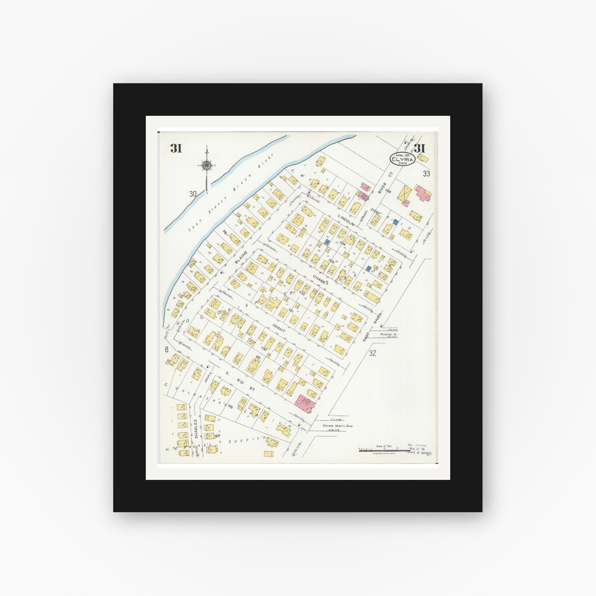 Old map wall art mockup — black gallery frame with white mat — Sanborn Fire Insurance Map from Elyria, Lorain County, Ohio (1925), Sheet #0031
