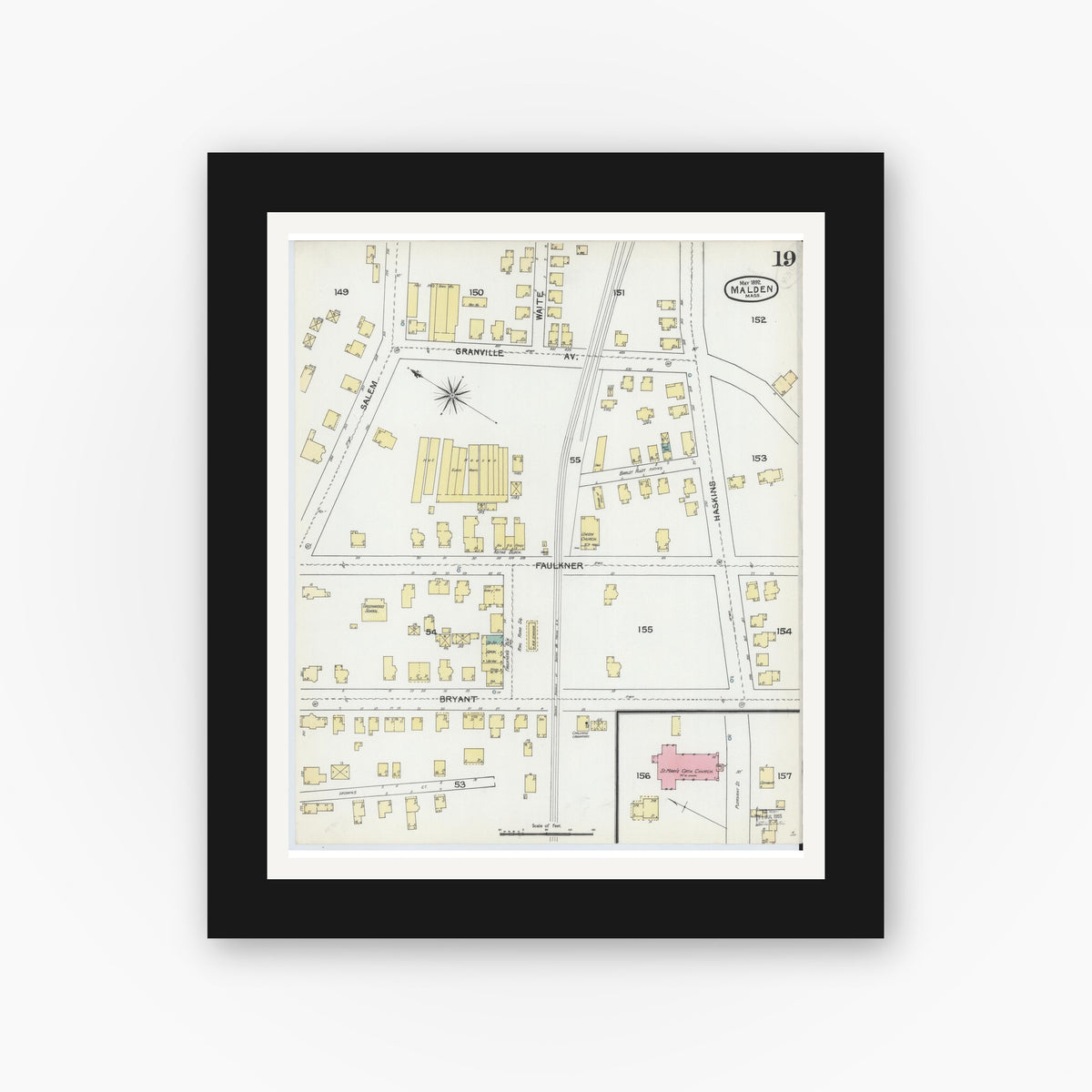 Old map wall art mockup — black gallery frame with white mat — Sanborn Fire Insurance Map from Malden, Middlesex County, Massachusetts (1892), Sheet #0019