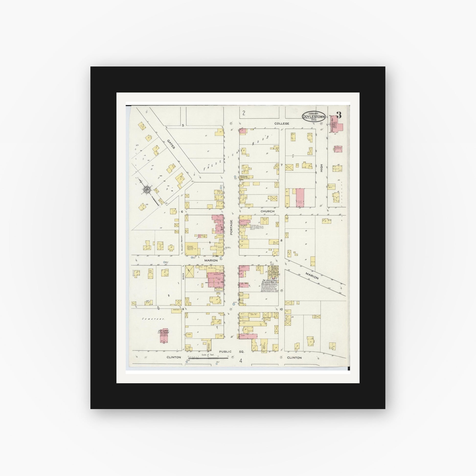 Old map wall art mockup — black gallery frame with white mat — Sanborn Fire Insurance Map from Doylestown, Wayne County, Ohio (1915), Sheet #0003