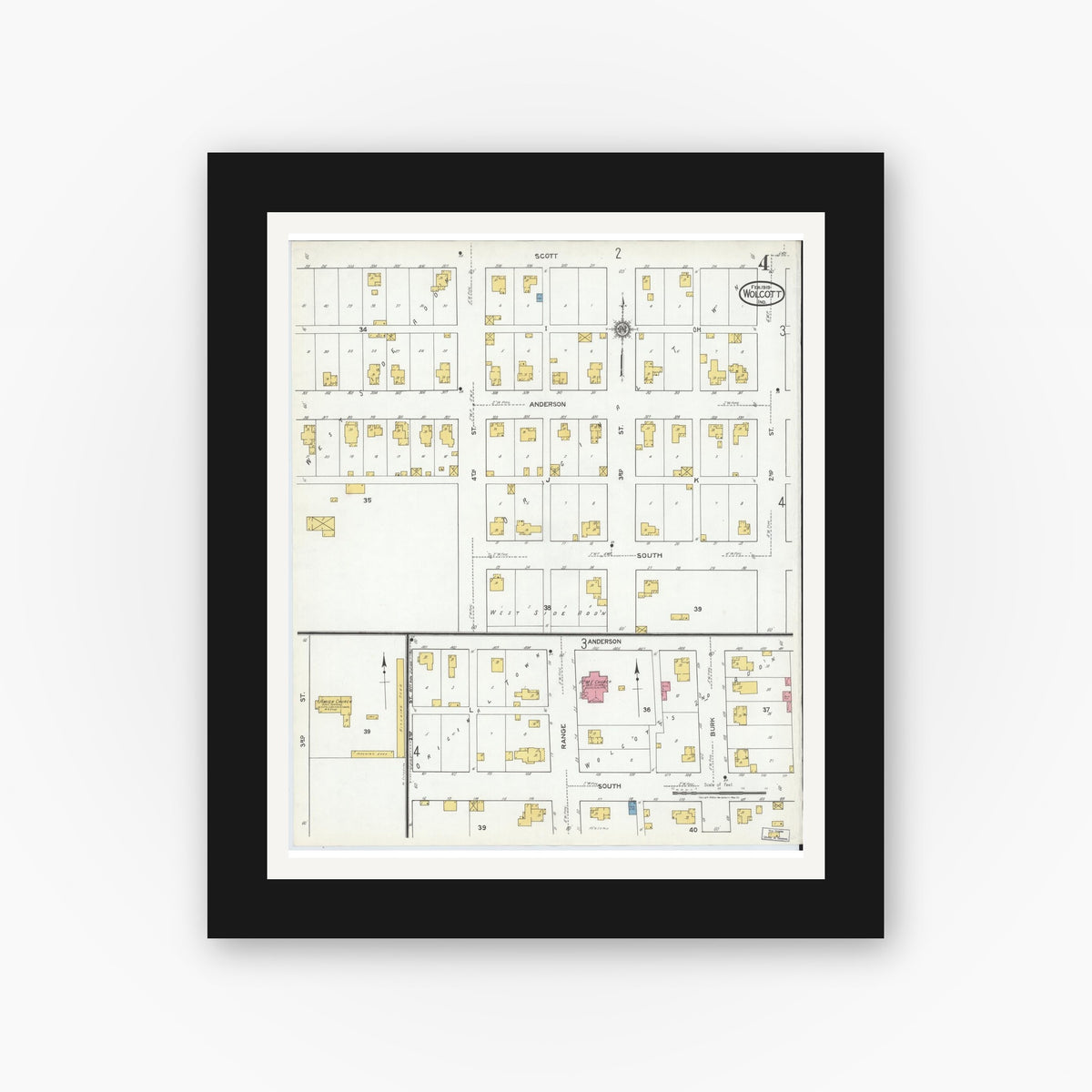 Old map wall art mockup — black gallery frame with white mat — Sanborn Fire Insurance Map from Wolcott, White County, Indiana (1919), Sheet #0004