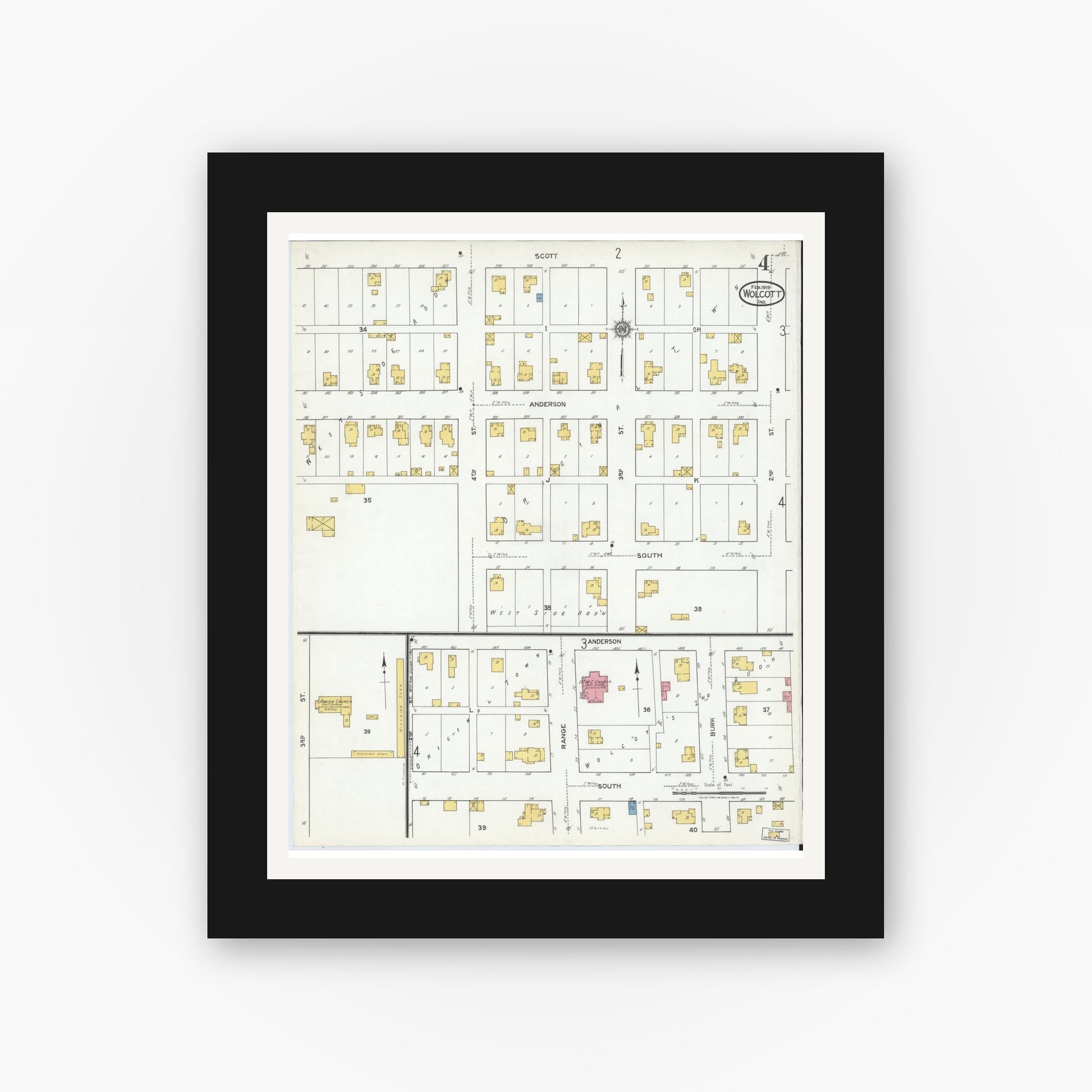Old map wall art mockup — black gallery frame with white mat — Sanborn Fire Insurance Map from Wolcott, White County, Indiana (1919), Sheet #0004
