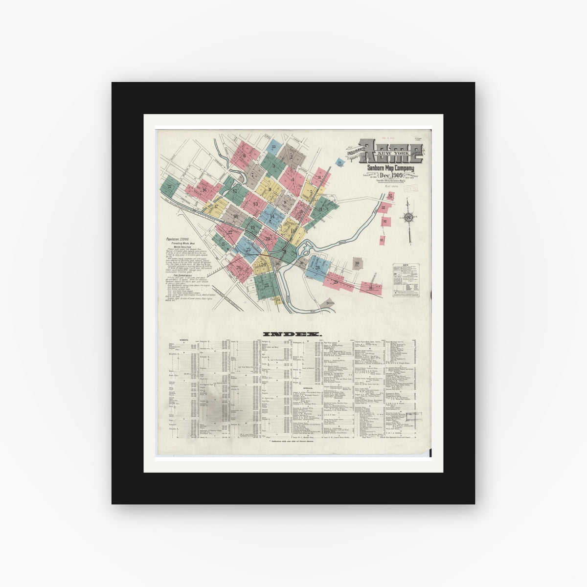 Old map wall art mockup — black gallery frame with white mat — Sanborn Fire Insurance Map from Rome, Oneida County, New York (1909), Sheet #0001