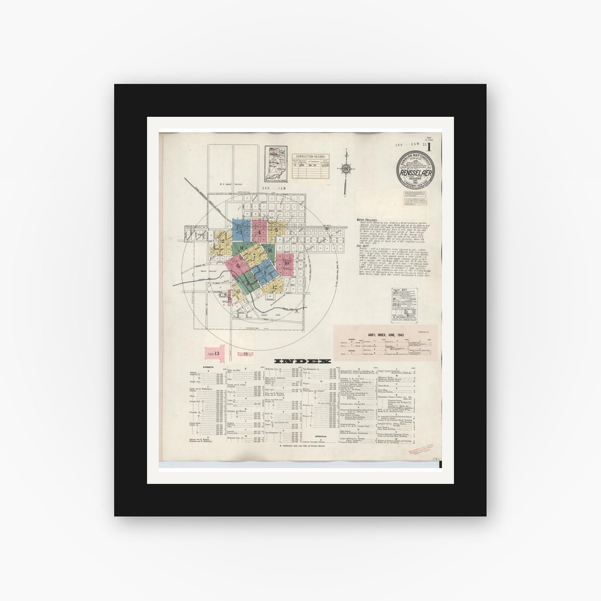 Old map wall art mockup — black gallery frame with white mat — Sanborn Fire Insurance Map from Rensselaer, Jasper County, Indiana (1942), Sheet #0001