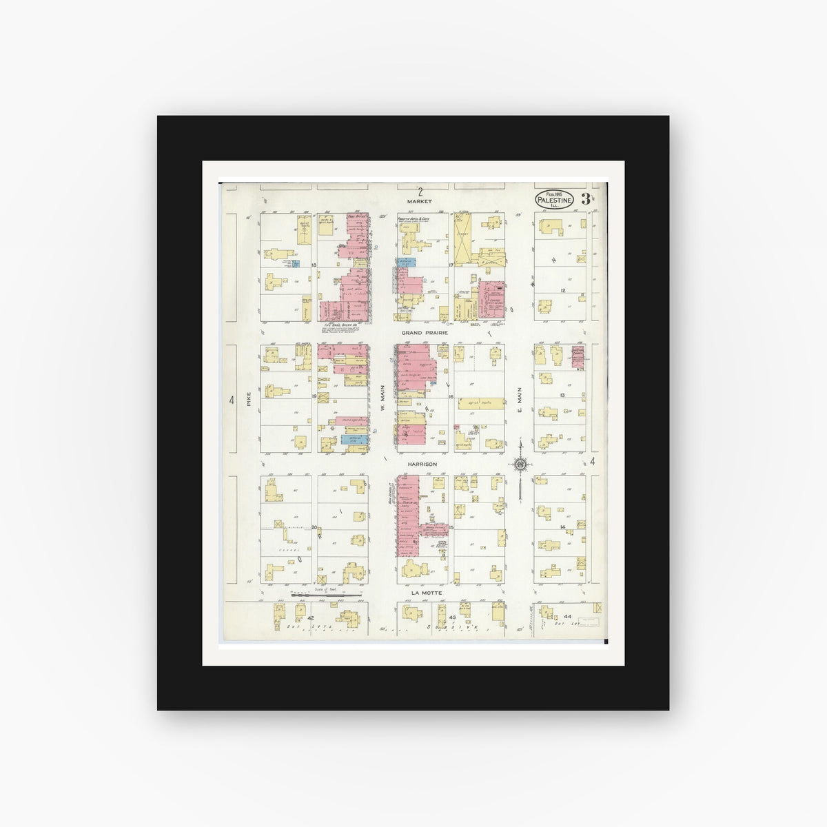 Old map wall art mockup — black gallery frame with white mat — Sanborn Fire Insurance Map from Palestine, Crawford County, Illinois (1916), Sheet #0003