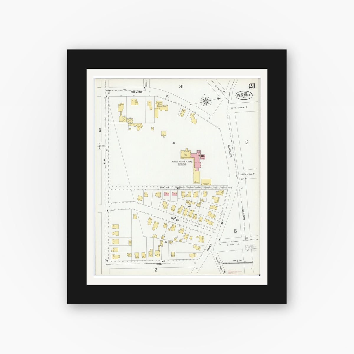 Old map wall art mockup — black gallery frame with white mat — Sanborn Fire Insurance Map from Peekskill, Westchester County, New York (1900), Sheet #0021